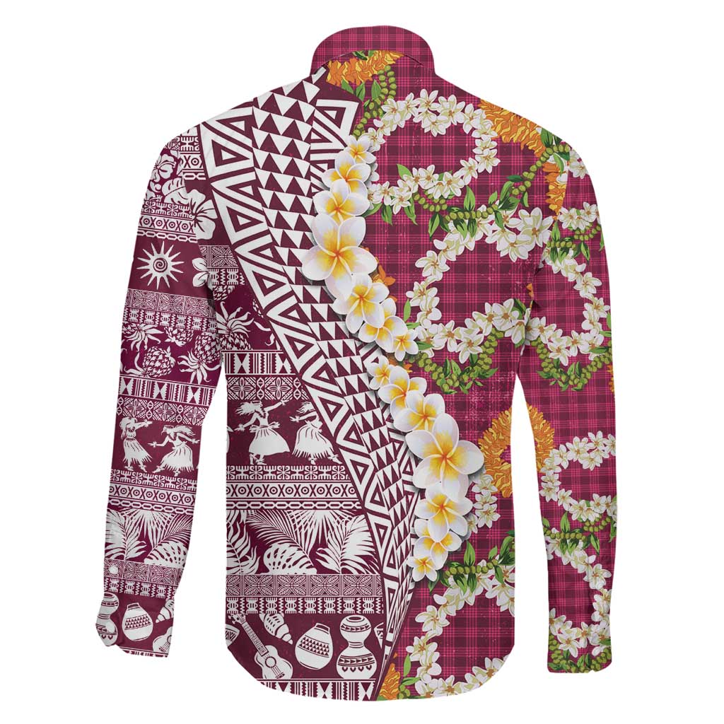 Hawaiian Plumeria Lei Family Matching Puletasi and Hawaiian Shirt Kakau Motifs and Palaka Half Style Pink Color - Polynesian Pride