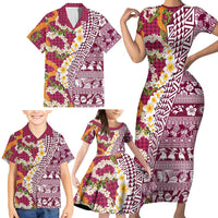Hawaiian Plumeria Lei Family Matching Short Sleeve Bodycon Dress and Hawaiian Shirt Kakau Motifs and Palaka Half Style Pink Color - Polynesian Pride