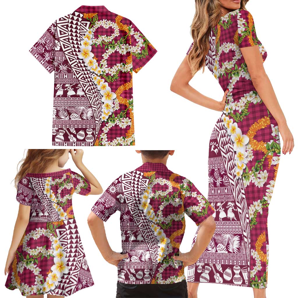 Hawaiian Plumeria Lei Family Matching Short Sleeve Bodycon Dress and Hawaiian Shirt Kakau Motifs and Palaka Half Style Pink Color - Polynesian Pride