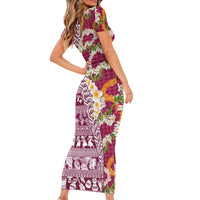 Hawaiian Plumeria Lei Family Matching Short Sleeve Bodycon Dress and Hawaiian Shirt Kakau Motifs and Palaka Half Style Pink Color - Polynesian Pride
