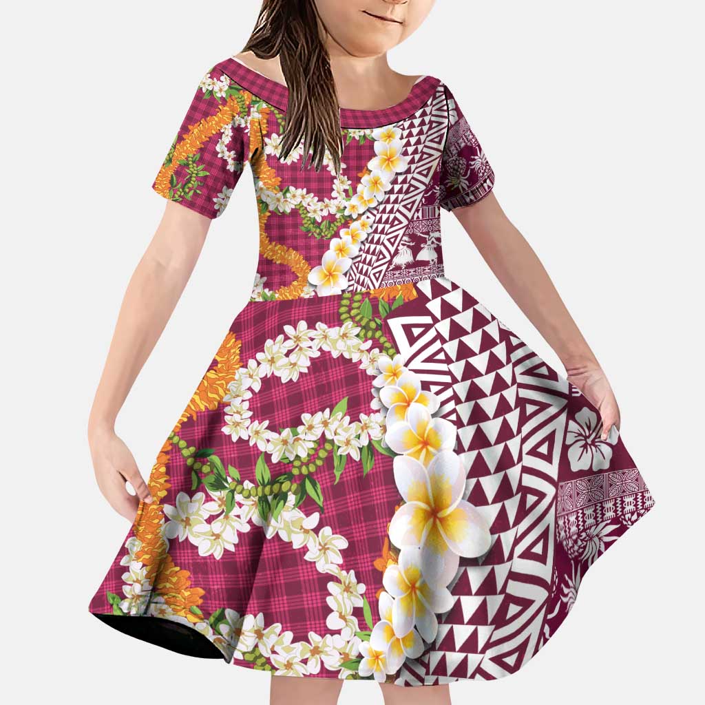 Hawaiian Plumeria Lei Family Matching Tank Maxi Dress and Hawaiian Shirt Kakau Motifs and Palaka Half Style Pink Color - Polynesian Pride