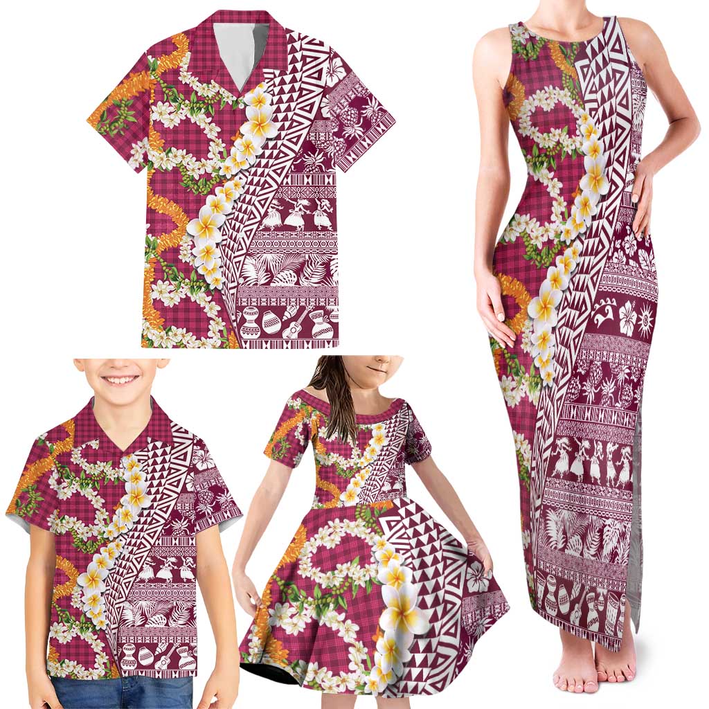 Hawaiian Plumeria Lei Family Matching Tank Maxi Dress and Hawaiian Shirt Kakau Motifs and Palaka Half Style Pink Color - Polynesian Pride