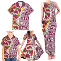 Hawaiian Plumeria Lei Family Matching Tank Maxi Dress and Hawaiian Shirt Kakau Motifs and Palaka Half Style Pink Color - Polynesian Pride