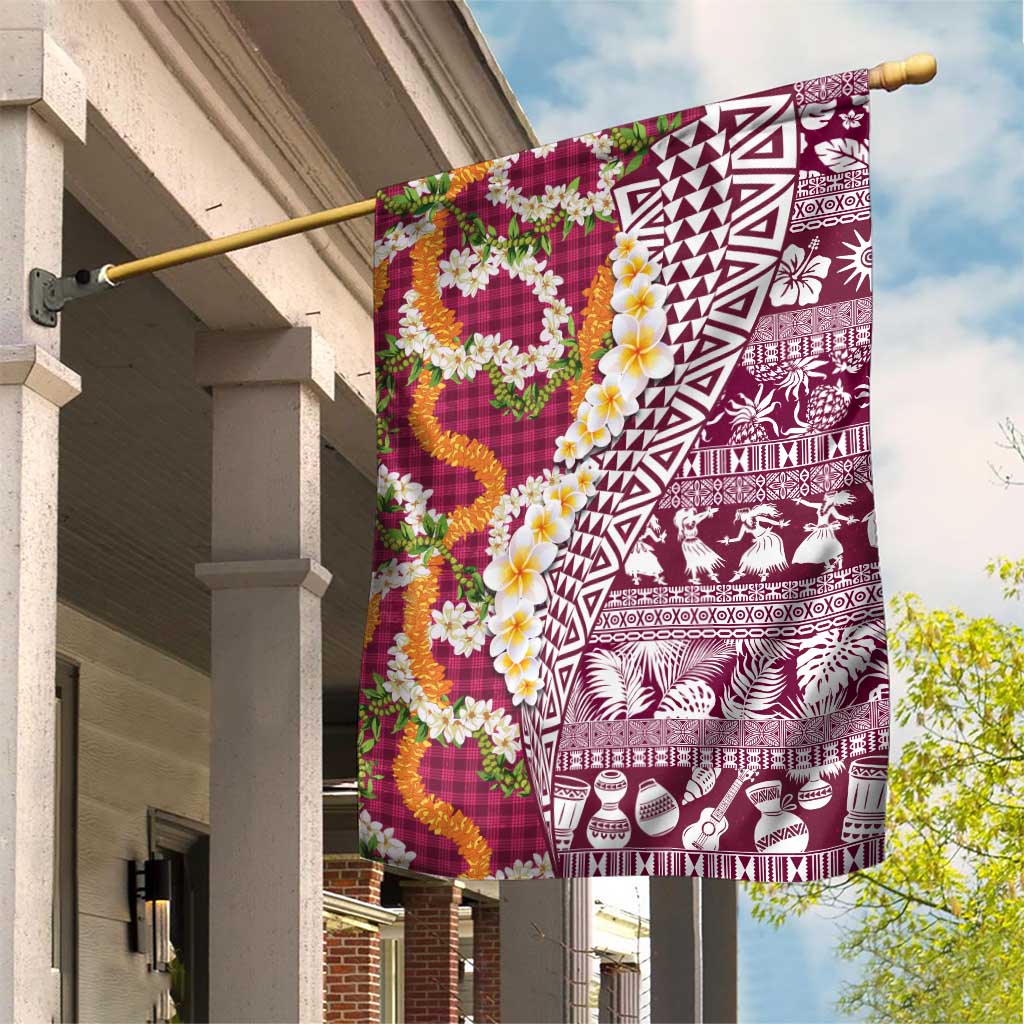 Hawaiian Plumeria Lei Garden Flag Kakau Motifs and Palaka Half Style Pink Color LT03 House Flag Pink - Polynesian Pride