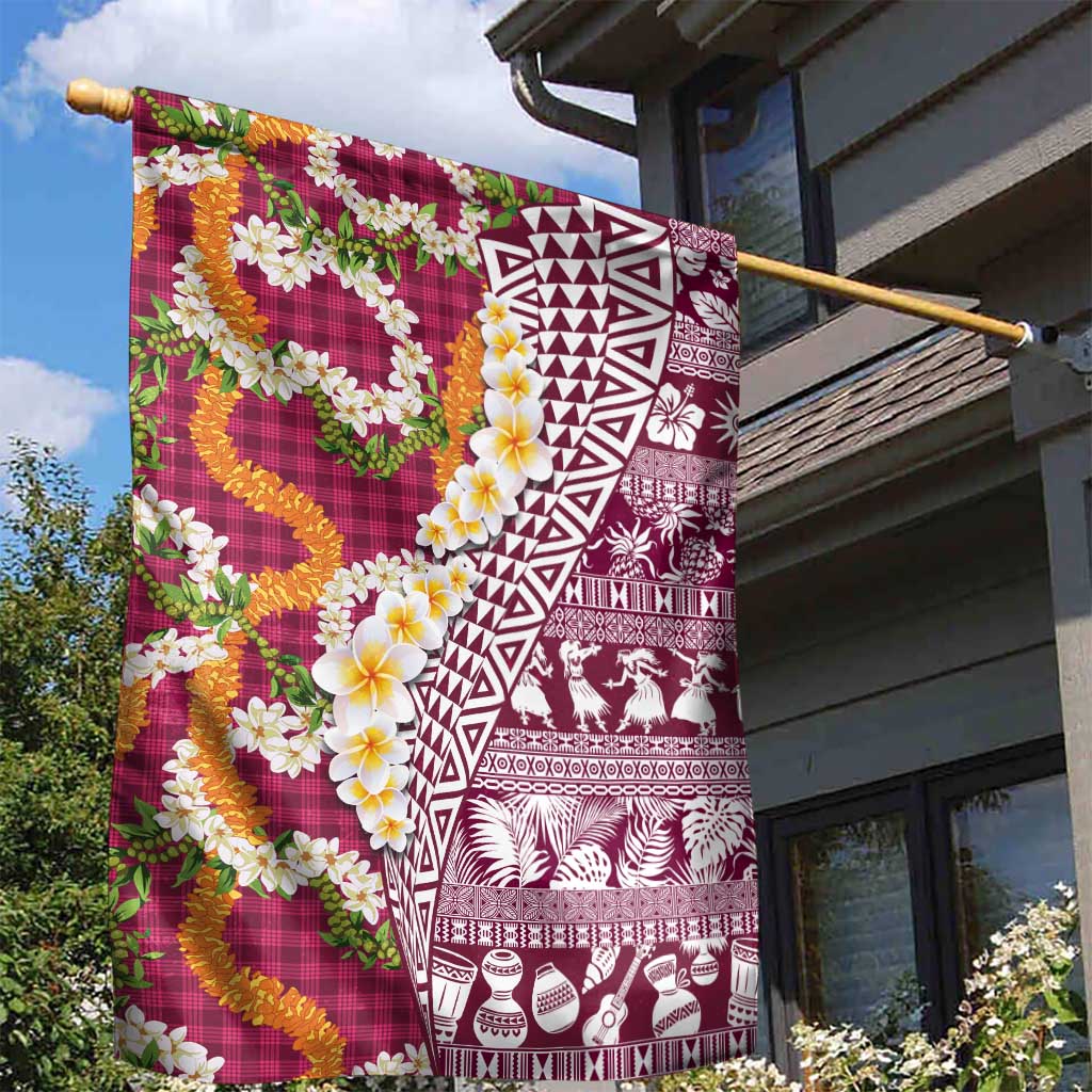 Hawaiian Plumeria Lei Garden Flag Kakau Motifs and Palaka Half Style Pink Color LT03 - Polynesian Pride