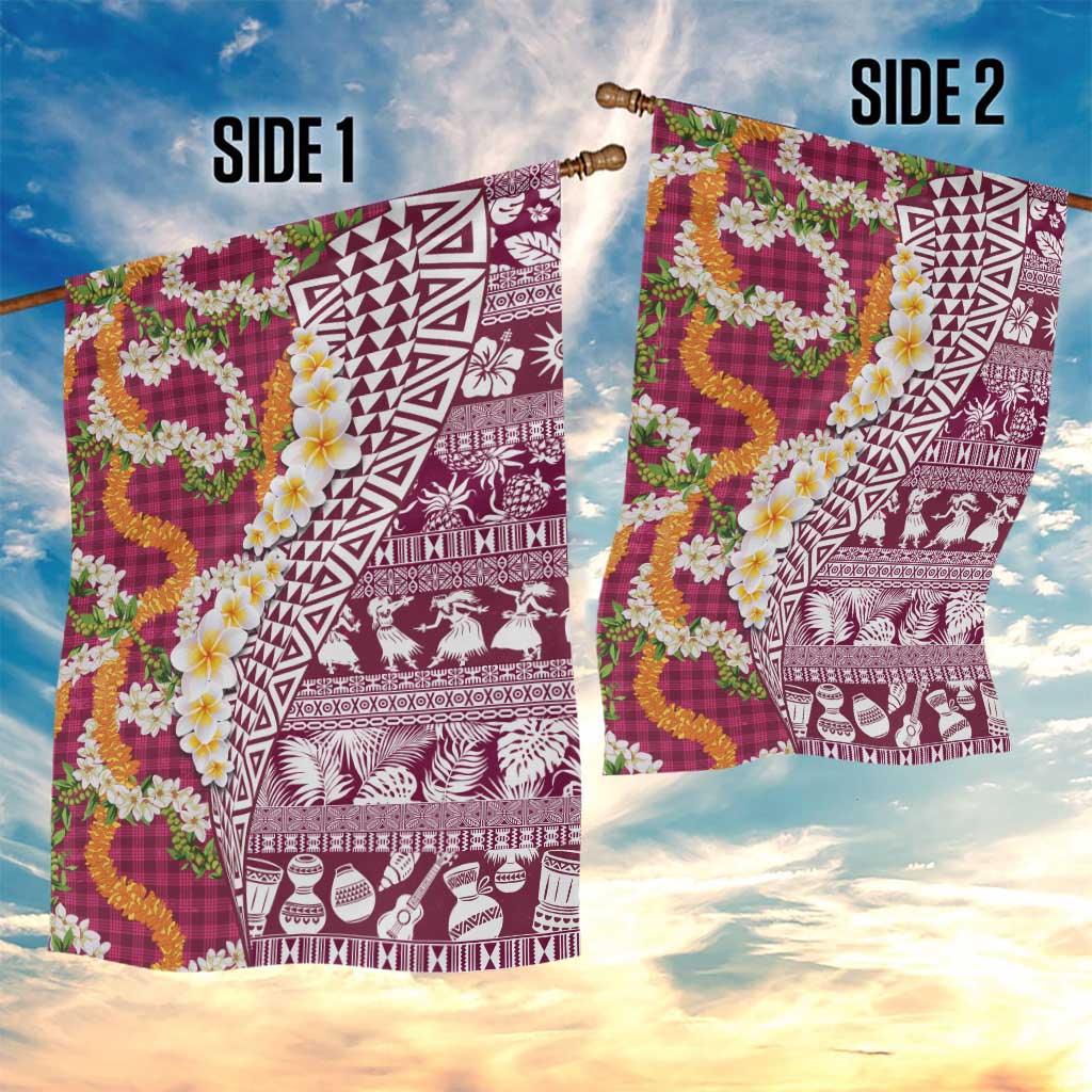 Hawaiian Plumeria Lei Garden Flag Kakau Motifs and Palaka Half Style Pink Color LT03 - Polynesian Pride