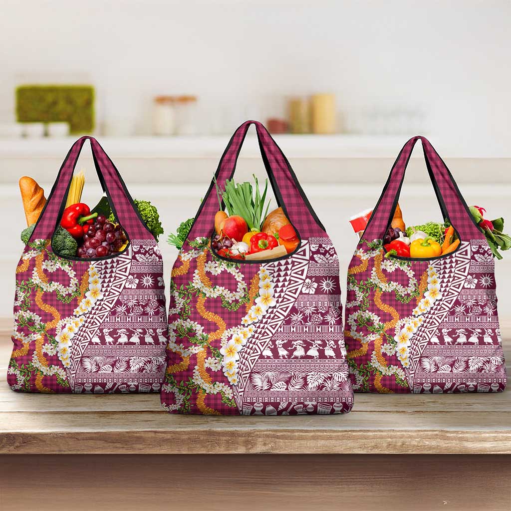 Hawaiian Plumeria Lei Grocery Bag Kakau Motifs and Palaka Half Style Pink Color LT03 3-pack One Size Pink - Polynesian Pride