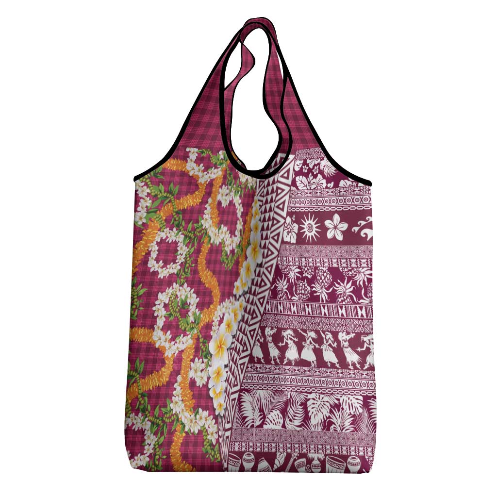 Hawaiian Plumeria Lei Grocery Bag Kakau Motifs and Palaka Half Style Pink Color LT03 - Polynesian Pride