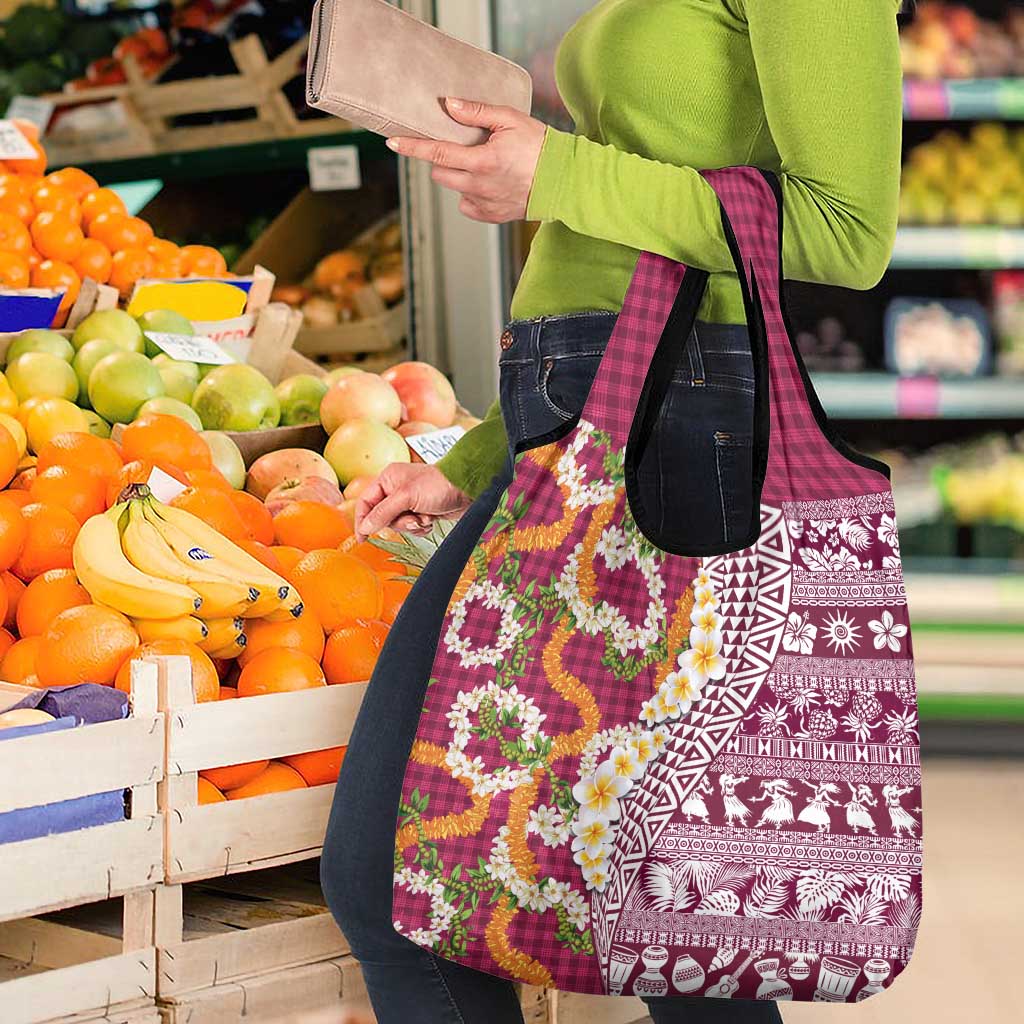 Hawaiian Plumeria Lei Grocery Bag Kakau Motifs and Palaka Half Style Pink Color LT03 - Polynesian Pride