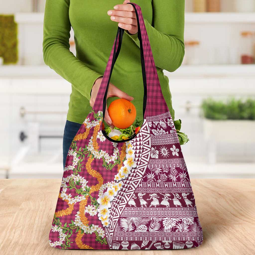 Hawaiian Plumeria Lei Grocery Bag Kakau Motifs and Palaka Half Style Pink Color LT03 - Polynesian Pride
