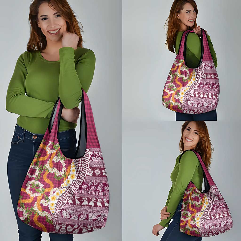 Hawaiian Plumeria Lei Grocery Bag Kakau Motifs and Palaka Half Style Pink Color LT03 - Polynesian Pride