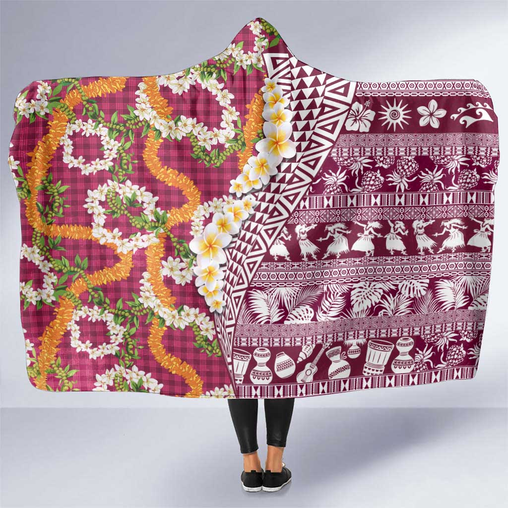 Hawaiian Plumeria Lei Hooded Blanket Kakau Motifs and Palaka Half Style Pink Color LT03 One Size Pink - Polynesian Pride