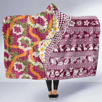 Hawaiian Plumeria Lei Hooded Blanket Kakau Motifs and Palaka Half Style Pink Color LT03 One Size Pink - Polynesian Pride