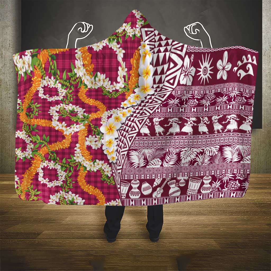 Hawaiian Plumeria Lei Hooded Blanket Kakau Motifs and Palaka Half Style Pink Color LT03 - Polynesian Pride