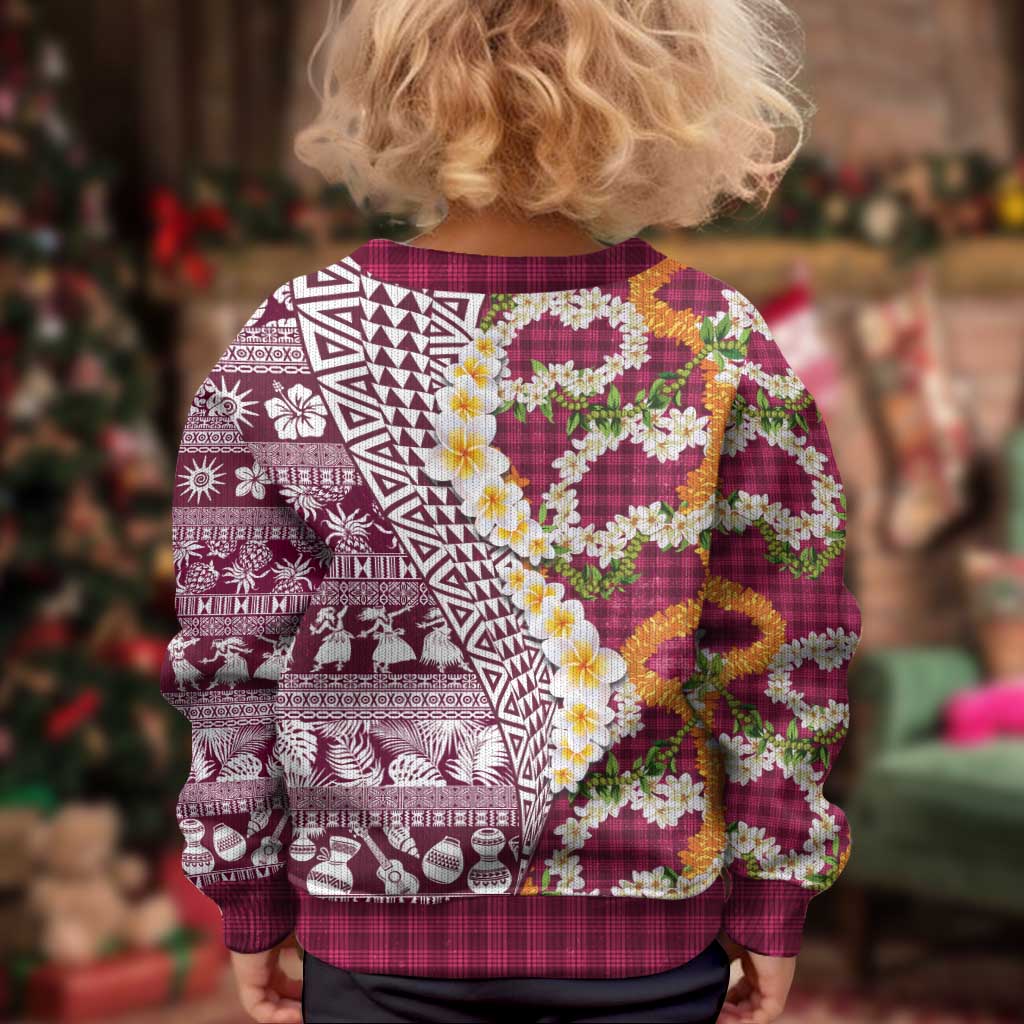 Hawaiian Plumeria Lei Kid Ugly Christmas Sweater Kakau Motifs and Palaka Half Style Pink Color - Polynesian Pride