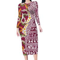 Hawaiian Plumeria Lei Long Sleeve Bodycon Dress Kakau Motifs and Palaka Half Style Pink Color - Polynesian Pride