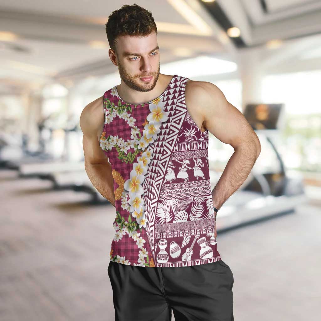 Hawaiian Plumeria Lei Men Tank Top Kakau Motifs and Palaka Half Style Pink Color LT03 Pink - Polynesian Pride