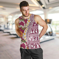 Hawaiian Plumeria Lei Men Tank Top Kakau Motifs and Palaka Half Style Pink Color LT03 Pink - Polynesian Pride
