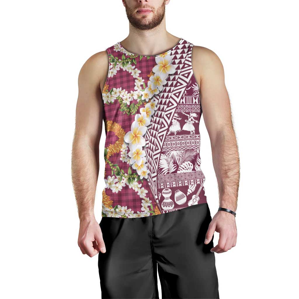 Hawaiian Plumeria Lei Men Tank Top Kakau Motifs and Palaka Half Style Pink Color LT03 - Polynesian Pride