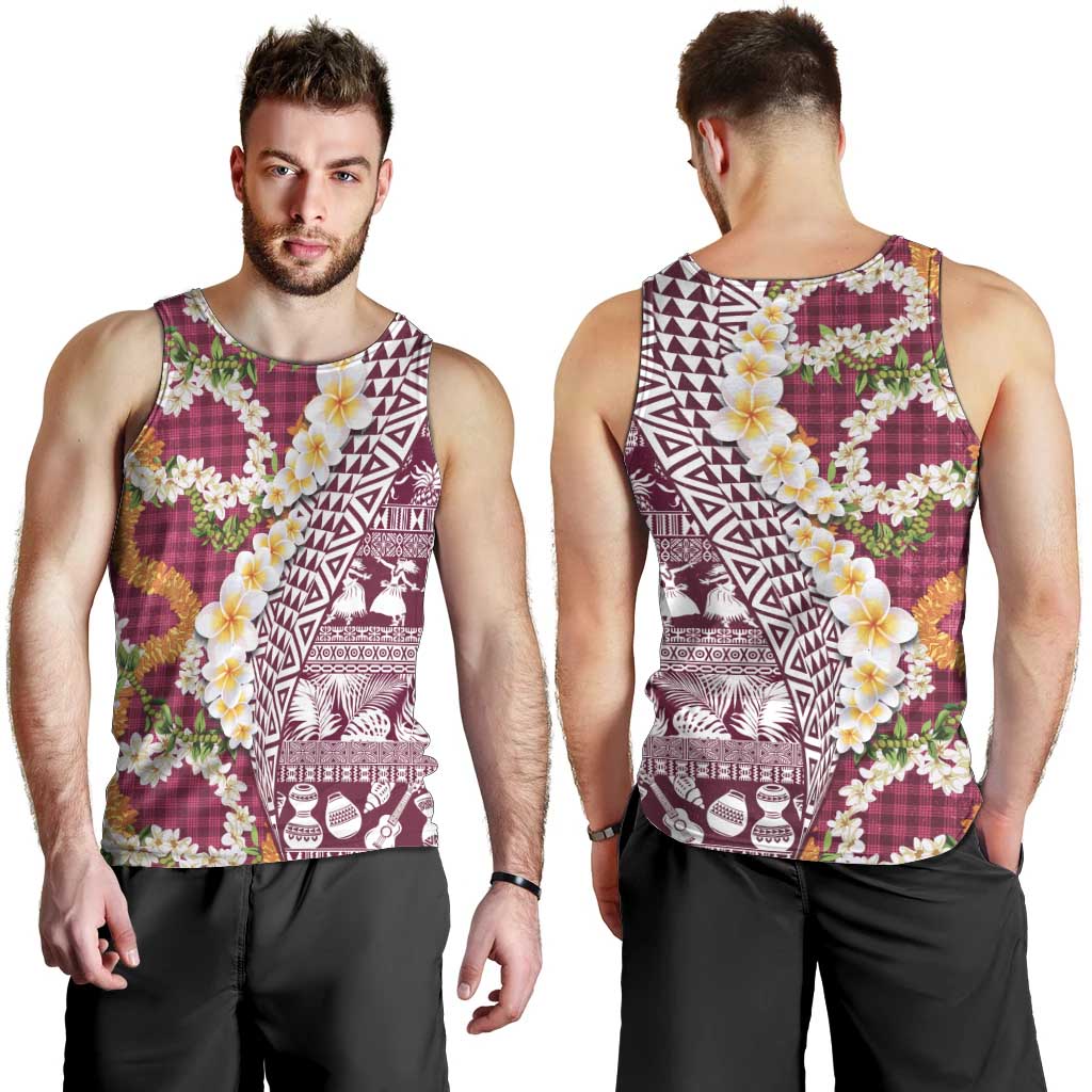 Hawaiian Plumeria Lei Men Tank Top Kakau Motifs and Palaka Half Style Pink Color LT03 - Polynesian Pride