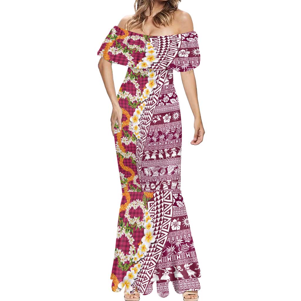 Hawaiian Plumeria Lei Mermaid Dress Kakau Motifs and Palaka Half Style Pink Color - Polynesian Pride