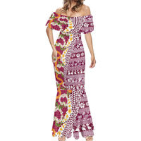 Hawaiian Plumeria Lei Mermaid Dress Kakau Motifs and Palaka Half Style Pink Color - Polynesian Pride