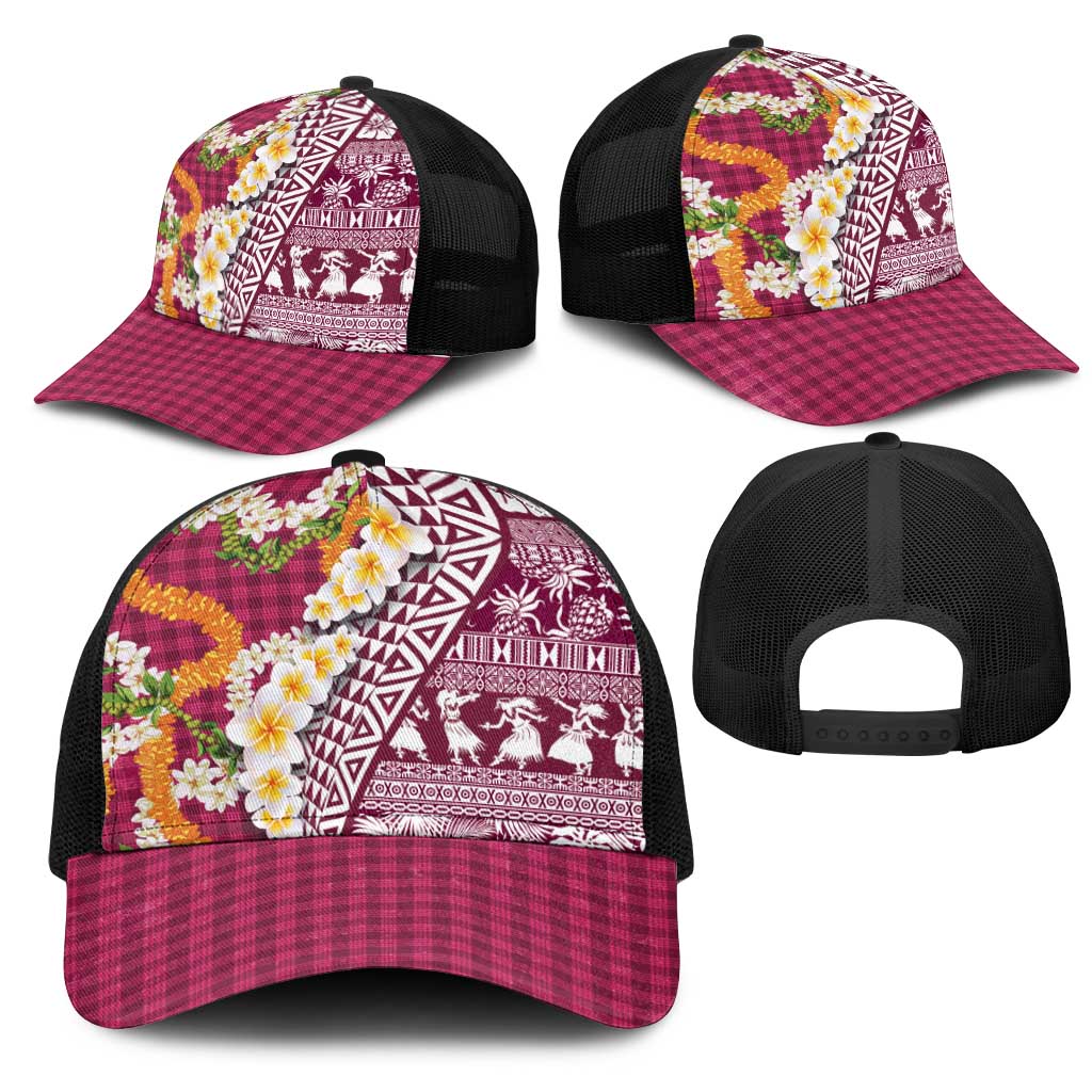 Hawaiian Plumeria Lei Mesh Trucker Cap Kakau Motifs and Palaka Half Style Pink Color - Polynesian Pride