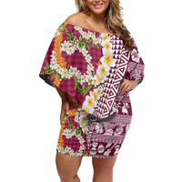 Hawaiian Plumeria Lei Off Shoulder Short Dress Kakau Motifs and Palaka Half Style Pink Color LT03 Women Pink - Polynesian Pride
