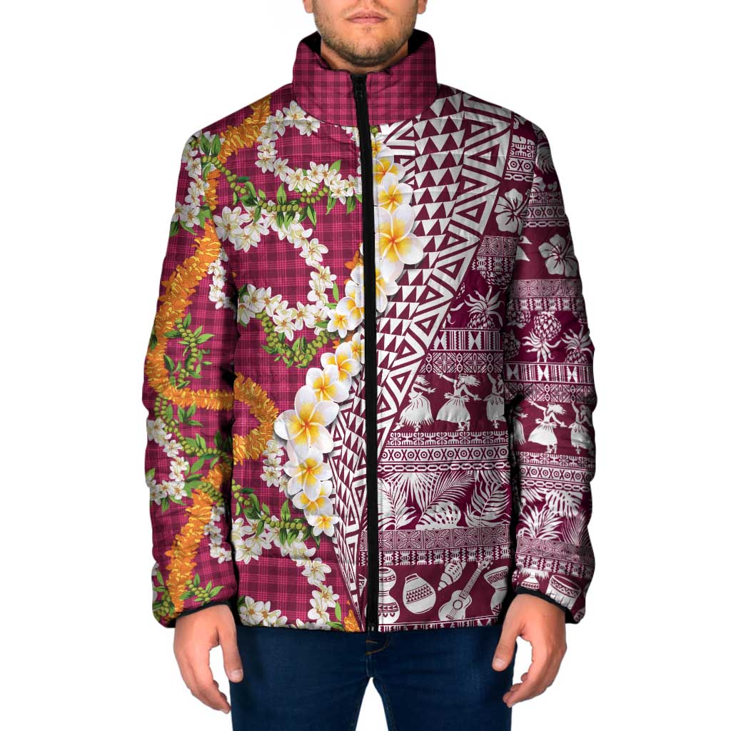 Hawaiian Plumeria Lei Padded Jacket Kakau Motifs and Palaka Half Style Pink Color - Polynesian Pride