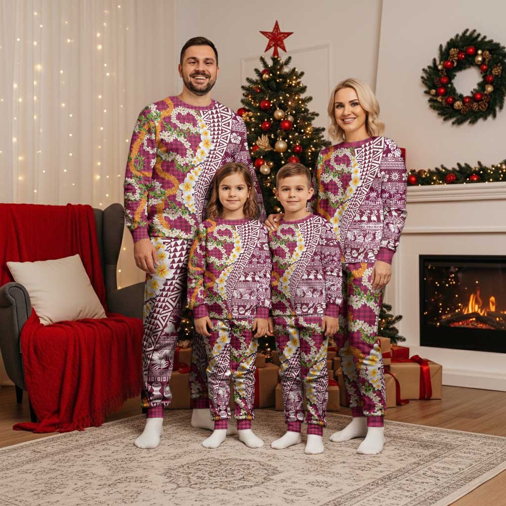 Hawaiian Plumeria Lei Christmas Pajama Set Kakau Motifs and Palaka Half Style Pink Color - Polynesian Pride