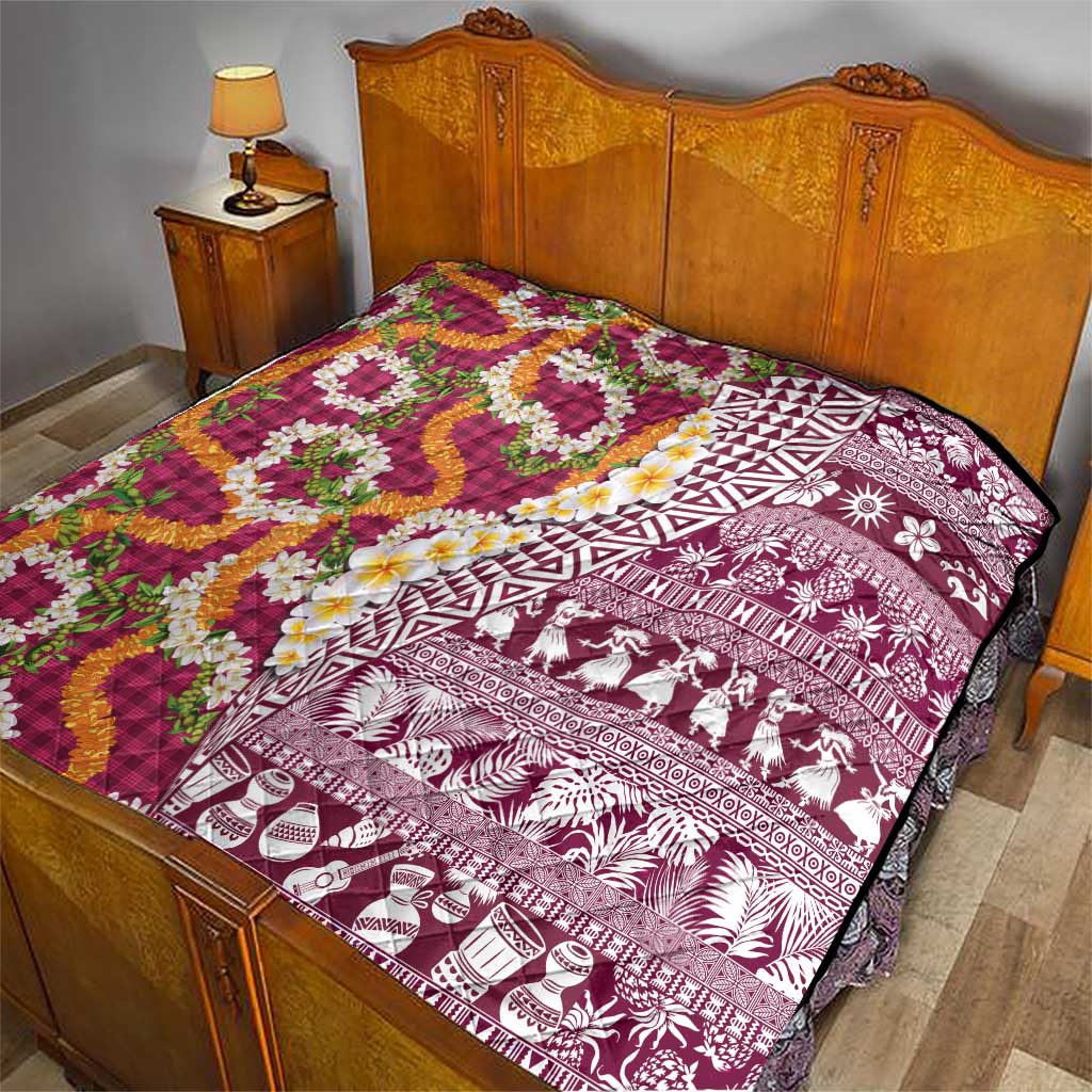 Hawaiian Plumeria Lei Quilt Kakau Motifs and Palaka Half Style Pink Color - Polynesian Pride