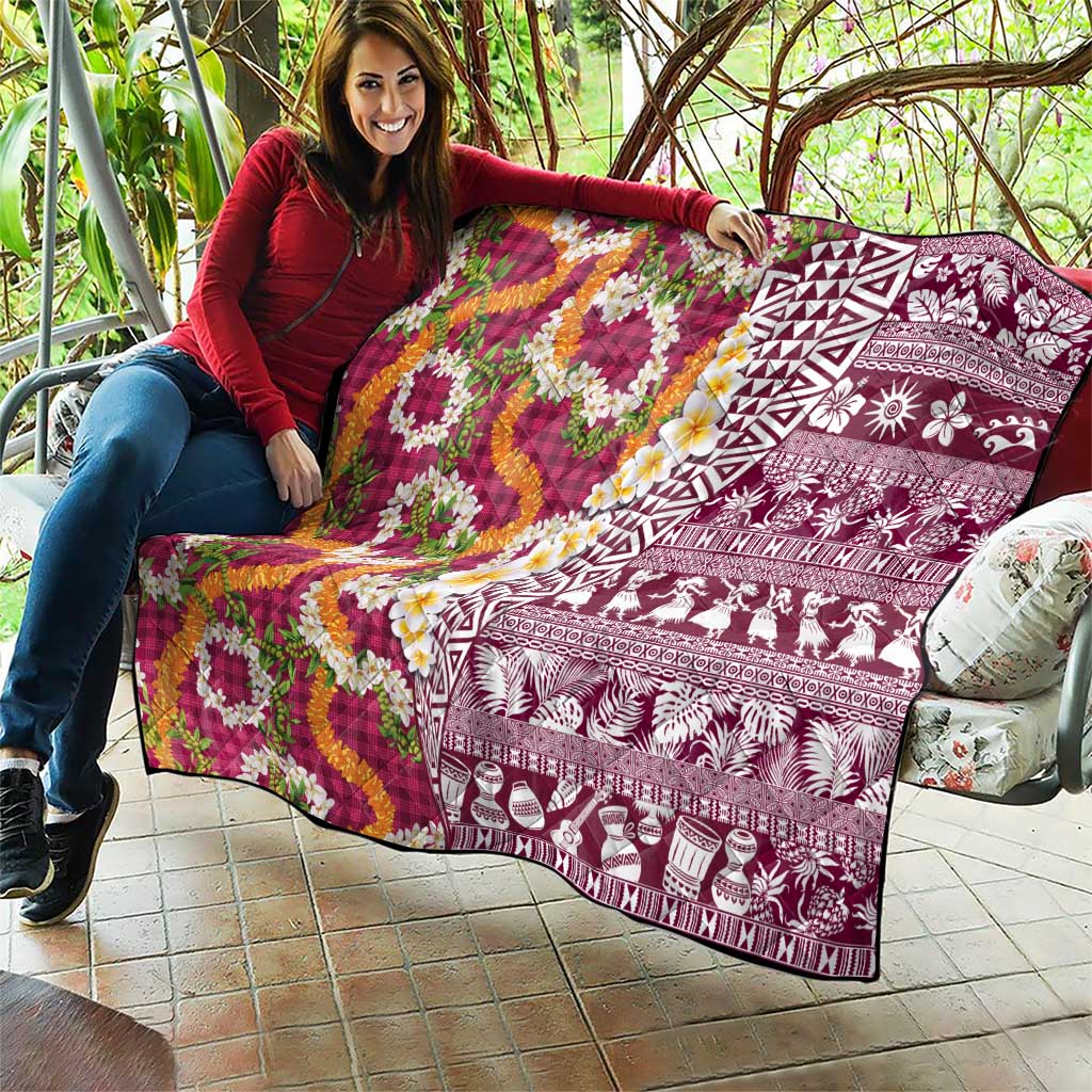 Hawaiian Plumeria Lei Quilt Kakau Motifs and Palaka Half Style Pink Color - Polynesian Pride