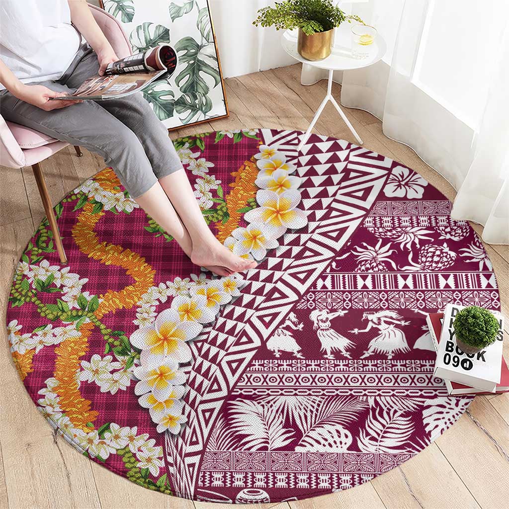 Hawaiian Plumeria Lei Round Carpet Kakau Motifs and Palaka Half Style Pink Color - Polynesian Pride