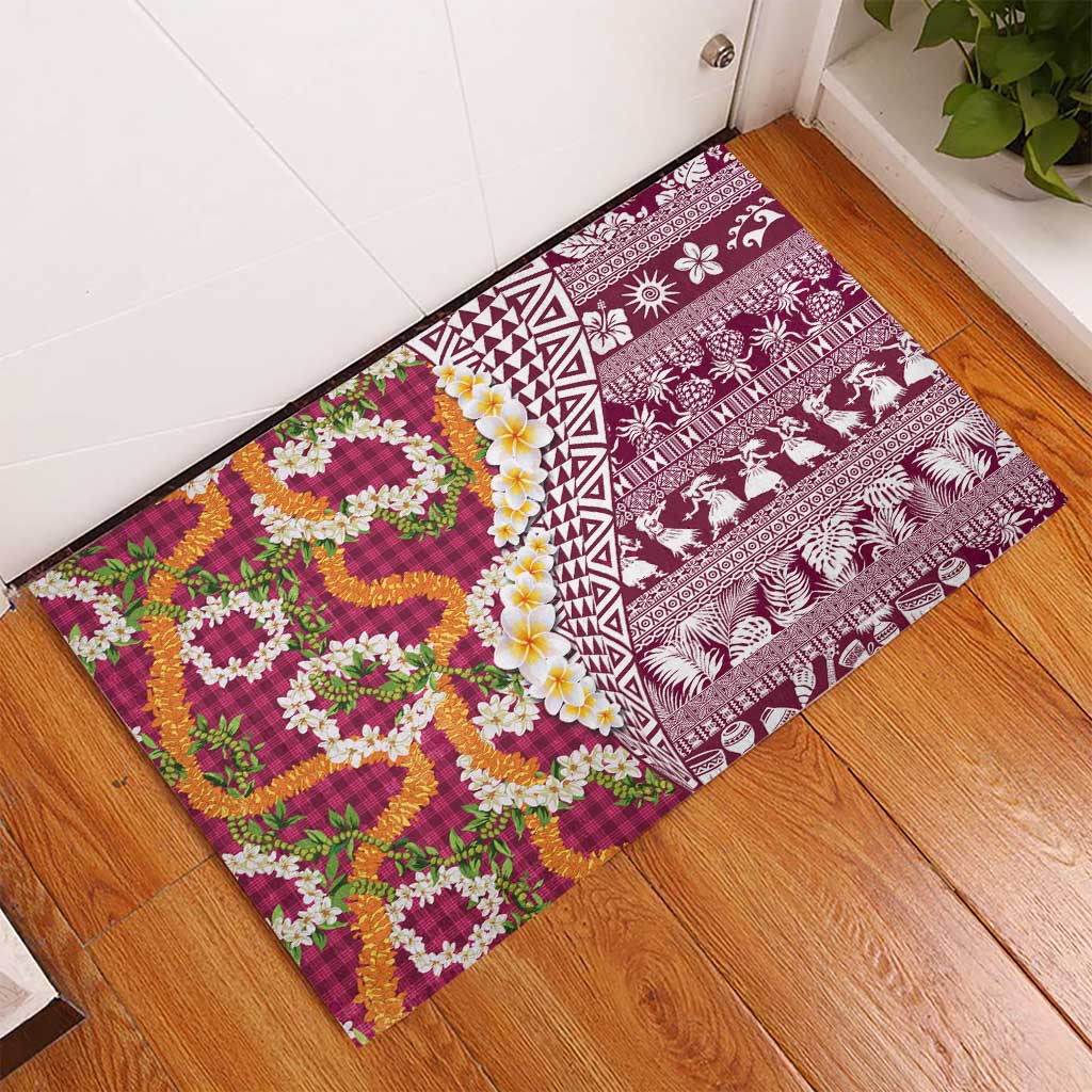 Hawaiian Plumeria Lei Rubber Doormat Kakau Motifs and Palaka Half Style Pink Color - Polynesian Pride