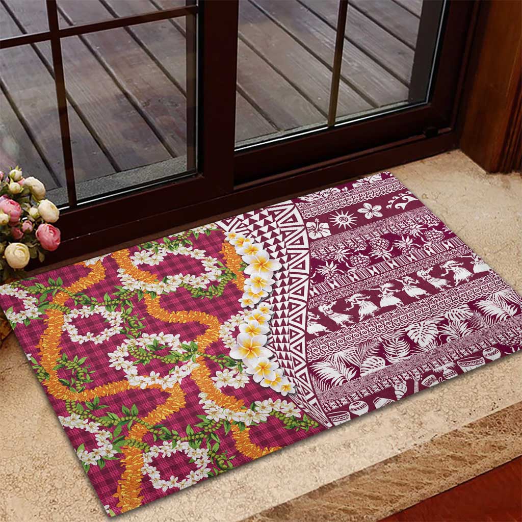Hawaiian Plumeria Lei Rubber Doormat Kakau Motifs and Palaka Half Style Pink Color - Polynesian Pride