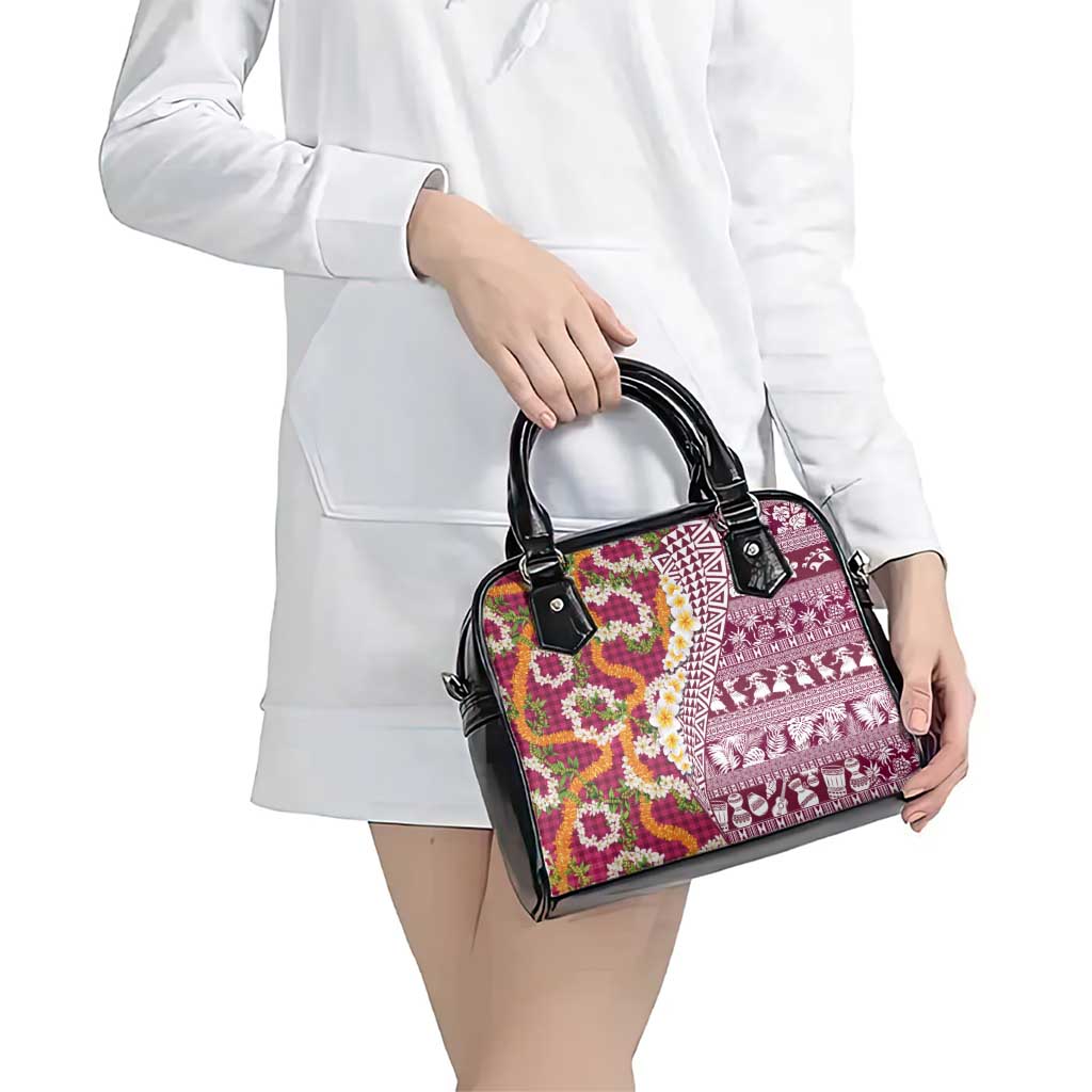 Hawaiian Plumeria Lei Shoulder Handbag Kakau Motifs and Palaka Half Style Pink Color - Polynesian Pride