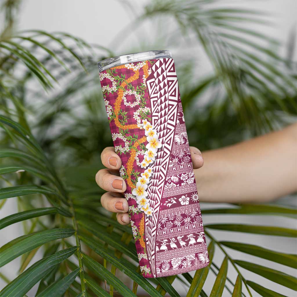 Hawaiian Plumeria Lei Skinny Tumbler Kakau Motifs and Palaka Half Style Pink Color - Polynesian Pride