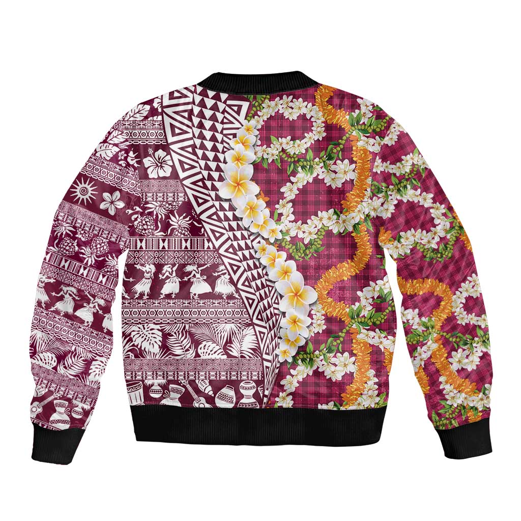 Hawaiian Plumeria Lei Sleeve Zip Bomber Jacket Kakau Motifs and Palaka Half Style Pink Color - Polynesian Pride