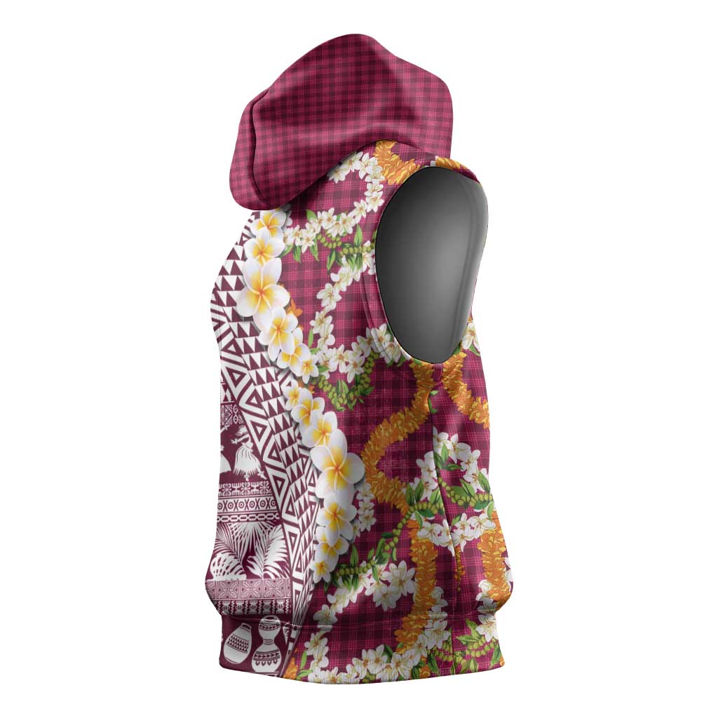 Hawaiian Plumeria Lei Sleeveless Hoodie Kakau Motifs and Palaka Half Style Pink Color - Polynesian Pride