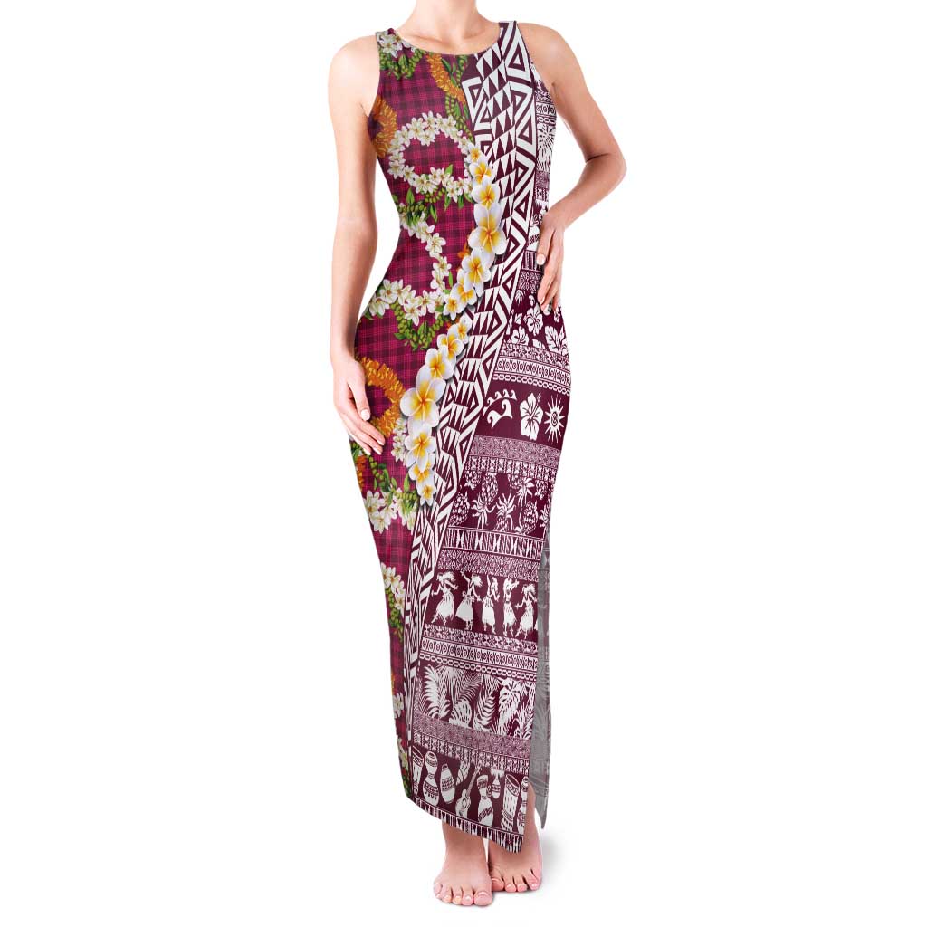 Hawaiian Plumeria Lei Tank Maxi Dress Kakau Motifs and Palaka Half Style Pink Color LT03 Women Pink - Polynesian Pride