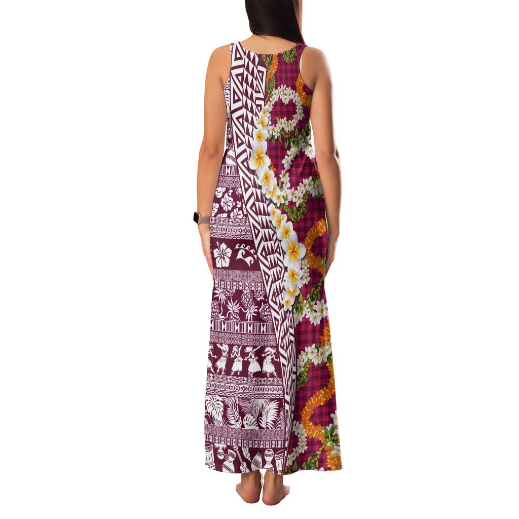 Hawaiian Plumeria Lei Tank Maxi Dress Kakau Motifs and Palaka Half Style Pink Color LT03 - Polynesian Pride
