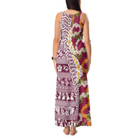 Hawaiian Plumeria Lei Tank Maxi Dress Kakau Motifs and Palaka Half Style Pink Color LT03 - Polynesian Pride