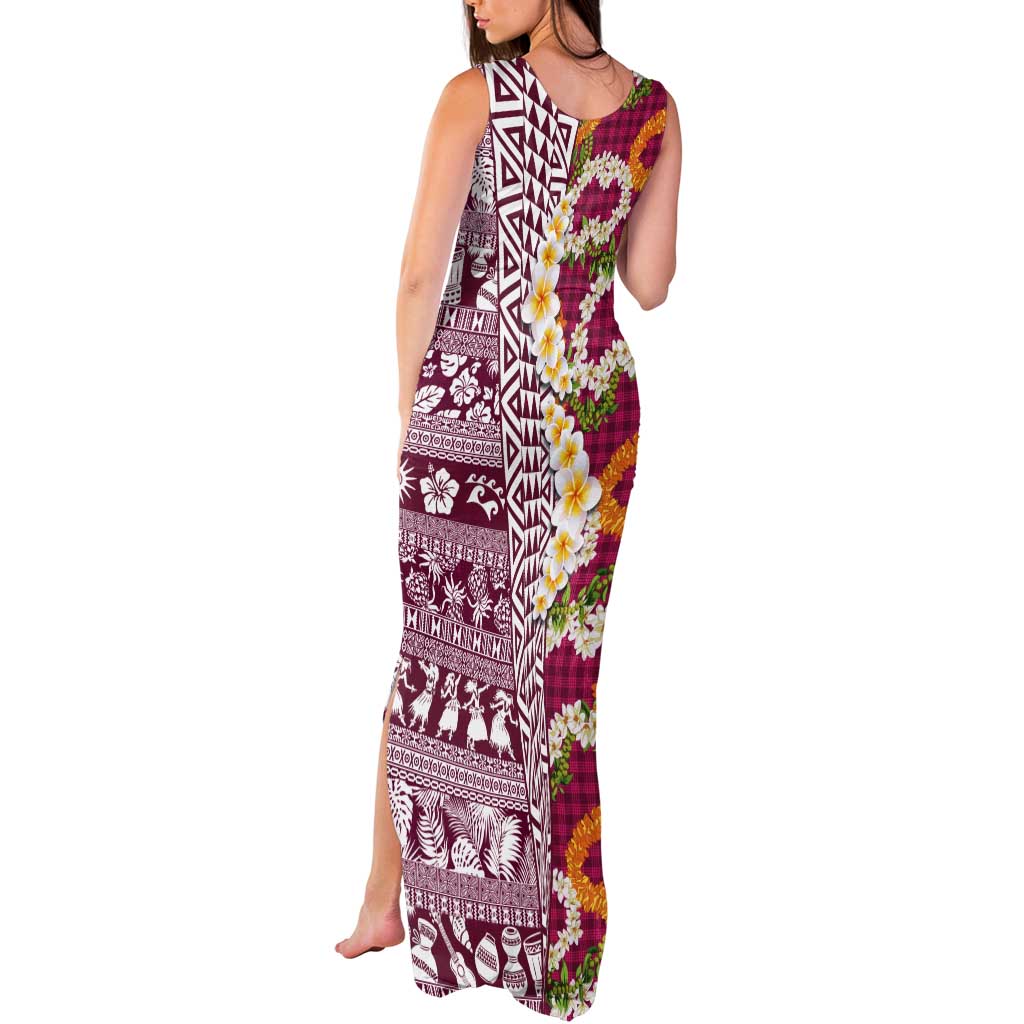 Hawaiian Plumeria Lei Tank Maxi Dress Kakau Motifs and Palaka Half Style Pink Color LT03 - Polynesian Pride