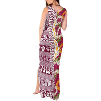Hawaiian Plumeria Lei Tank Maxi Dress Kakau Motifs and Palaka Half Style Pink Color LT03 - Polynesian Pride