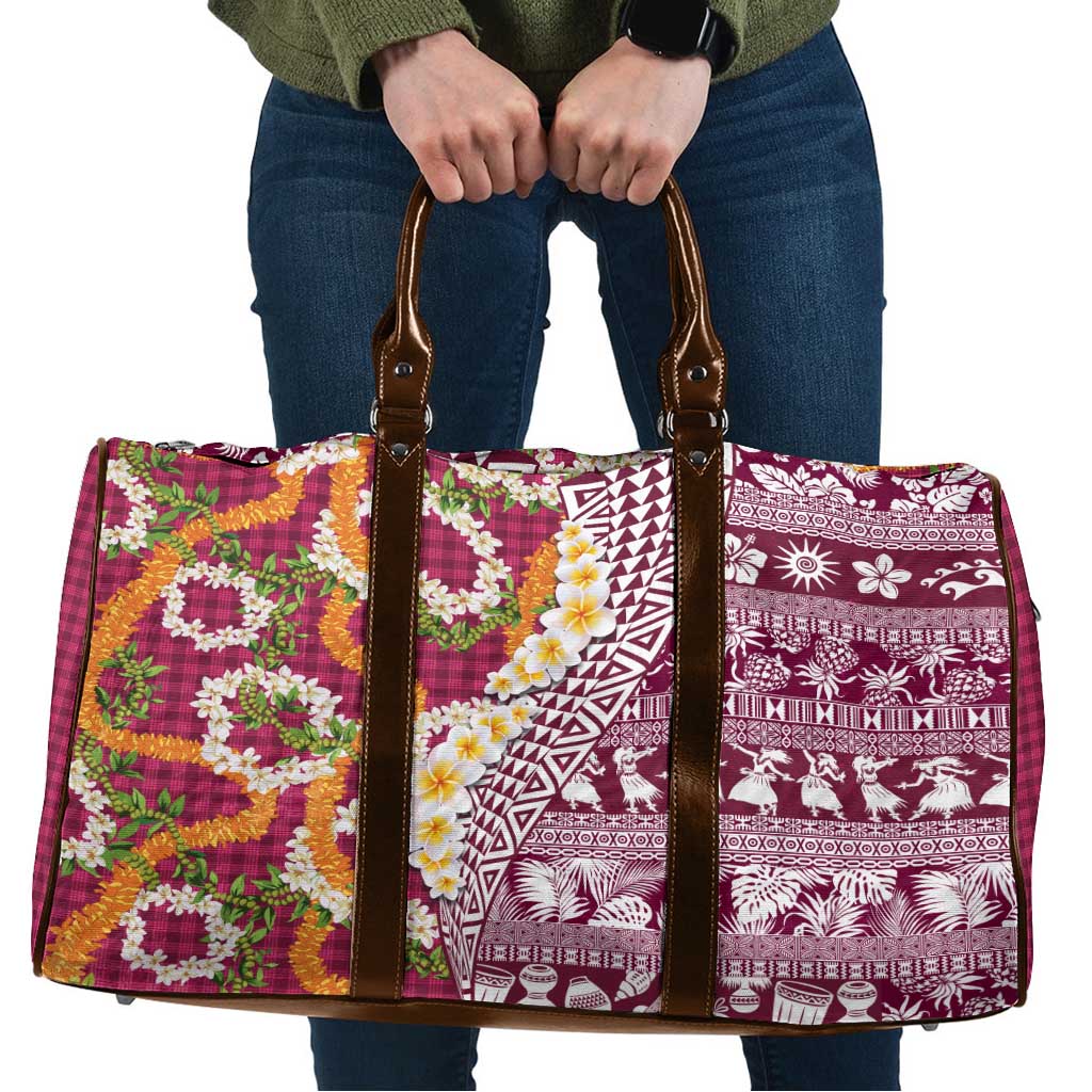 Hawaiian Plumeria Lei Travel Bag Kakau Motifs and Palaka Half Style Pink Color - Polynesian Pride