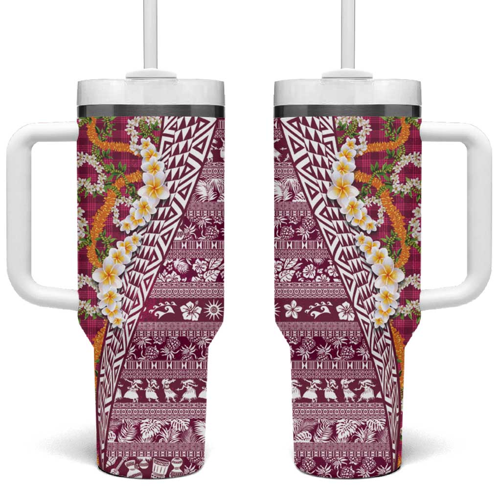 Hawaiian Plumeria Lei Tumbler With Handle Kakau Motifs and Palaka Half Style Pink Color LT03 One Size: 40 oz Pink - Polynesian Pride