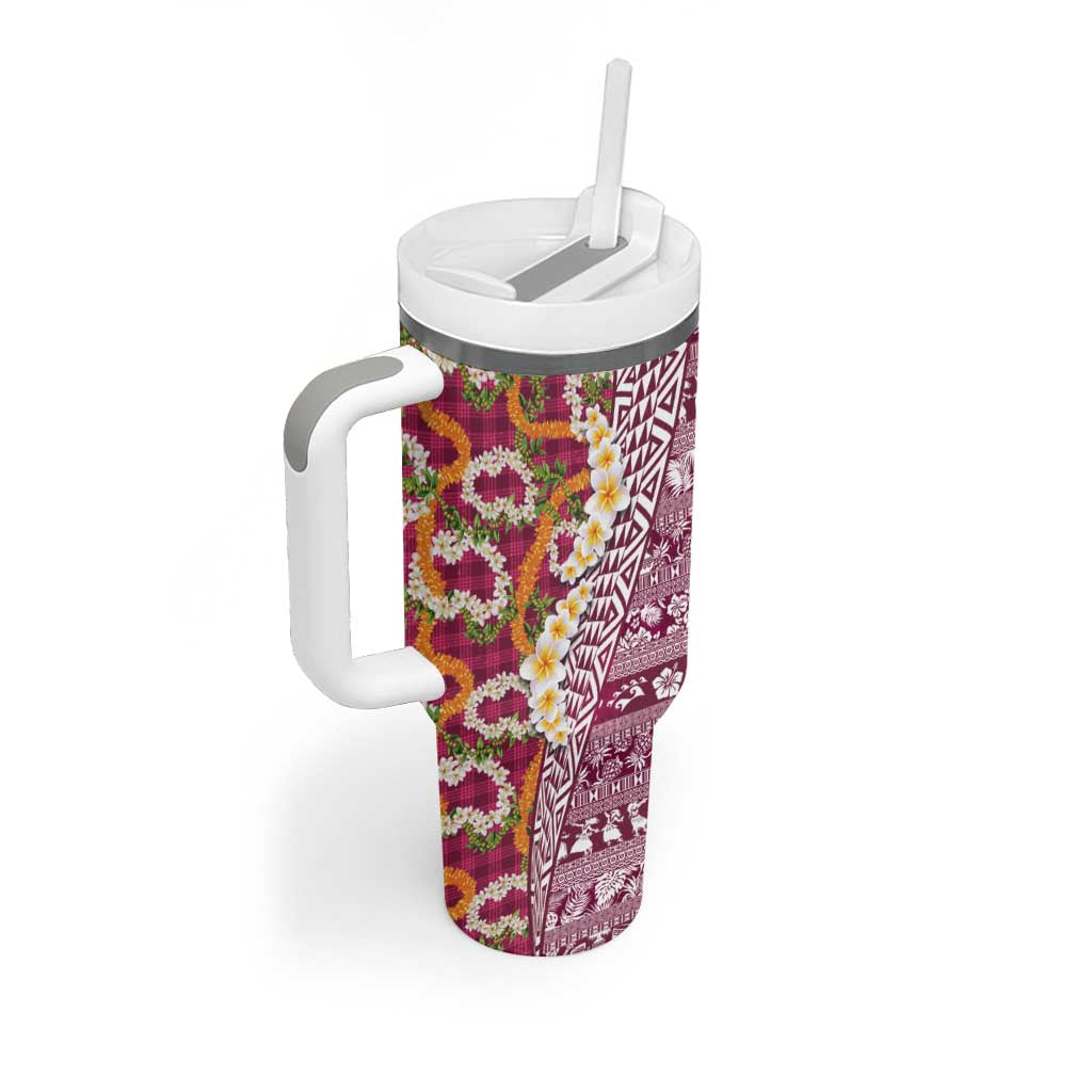 Hawaiian Plumeria Lei Tumbler With Handle Kakau Motifs and Palaka Half Style Pink Color LT03 - Polynesian Pride