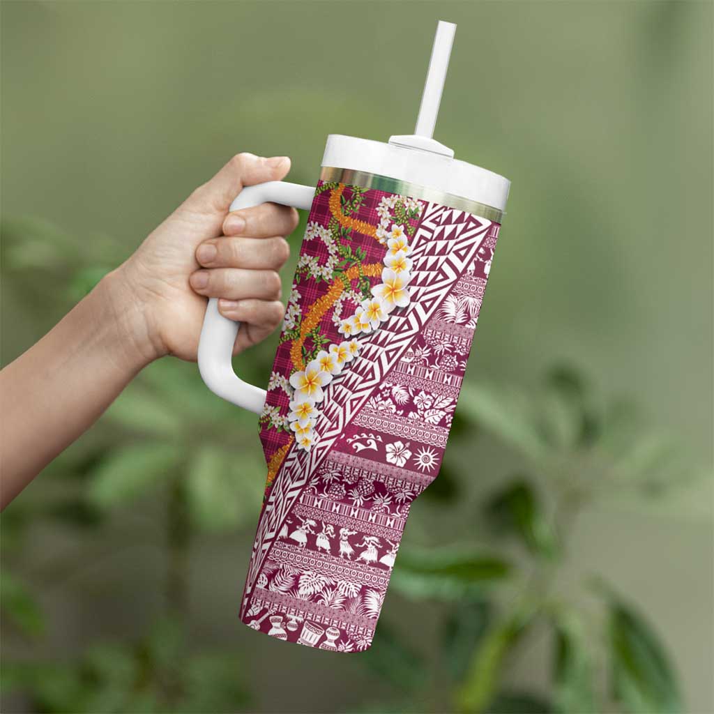 Hawaiian Plumeria Lei Tumbler With Handle Kakau Motifs and Palaka Half Style Pink Color LT03 - Polynesian Pride