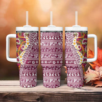 Hawaiian Plumeria Lei Tumbler With Handle Kakau Motifs and Palaka Half Style Pink Color LT03 - Polynesian Pride