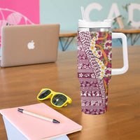 Hawaiian Plumeria Lei Tumbler With Handle Kakau Motifs and Palaka Half Style Pink Color LT03 - Polynesian Pride